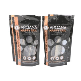 North Atlantic Salmon dried single ingredient skin treats 4pack front view of pouches.