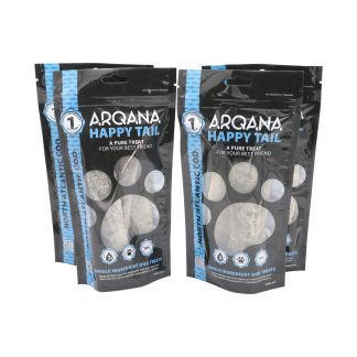 Arqana Petfood North Atlantic Cod dried single ingredient skin treats for dogs. Four Pack front view.