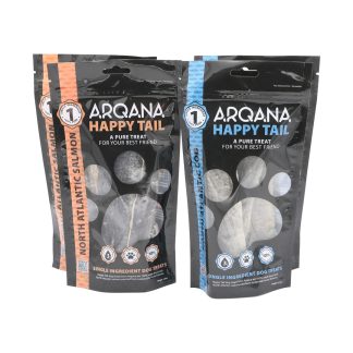 Arqana Petfood North Atlantic Salmon and Cod dried single ingredient skin treats 2+2 pack front view of pouches.