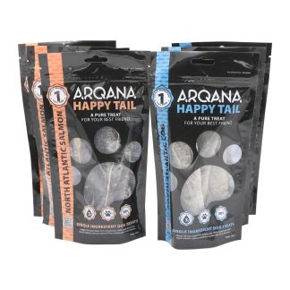 Arqana Petfood North Atlantic Salmon and Cod dried single ingredient skin treats 3+3 pack front view of pouches.