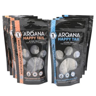 Arqana Petfood North Atlantic Salmon and Cod dried single ingredient skin treats 4+4 pack front view of pouches.