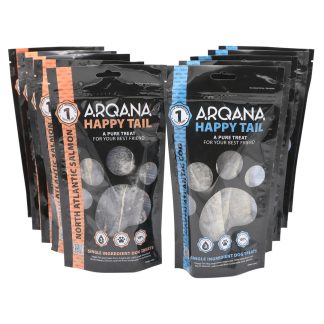 Arqana Petfood North Atlantic Salmon and Cod dried single ingredient skin treats 5+5 pack front view of pouches.