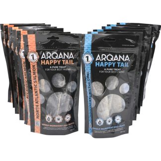 Arqana Petfood North Atlantic Salmon and Cod dried single ingredient skin treats 6+6 pack front view of pouches.