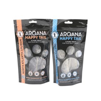 Arqana Petfood North Atlantic Salmon and Cod dried single ingredient skin treats duo front view of pouches.