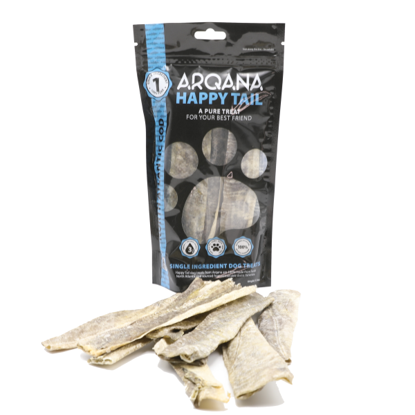 Arqana Petfood North Atlantic Cod dried single ingredient skin treats for dogs. Single Pack front view with product in front.