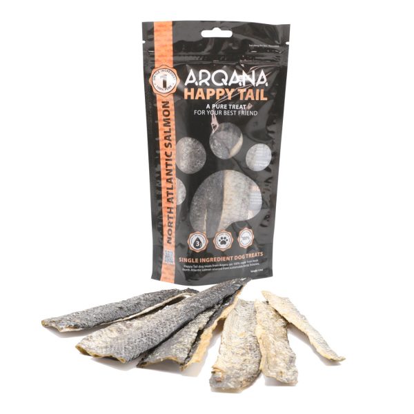 Arqana Petfood North Atlantic Salmon dried single ingredient skin treats for dogs. Single Pack front view with product in front.